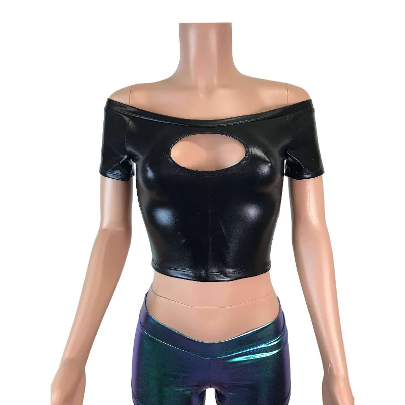 Cold Shoulder Keyhole Top - Black Metallic ""Wet Look""