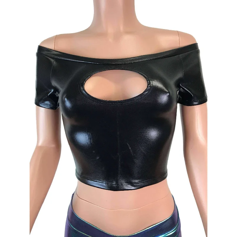 Cold Shoulder Keyhole Top - Black Metallic ""Wet Look""