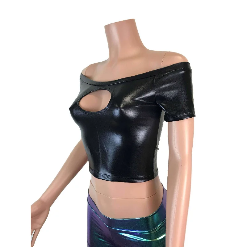 Cold Shoulder Keyhole Top - Black Metallic ""Wet Look""