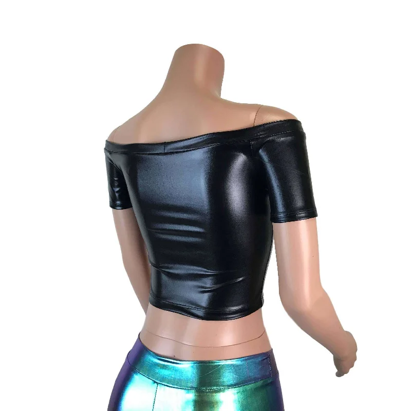 Cold Shoulder Keyhole Top - Black Metallic ""Wet Look""