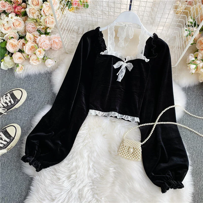 Black velvet long sleeve tops  319