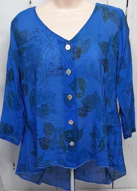 Blouse 3/4 Sleeve Botton Down Sheer Blue/Black Women's cmp-9818