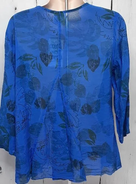 Blouse 3/4 Sleeve Botton Down Sheer Blue/Black Women's cmp-9818