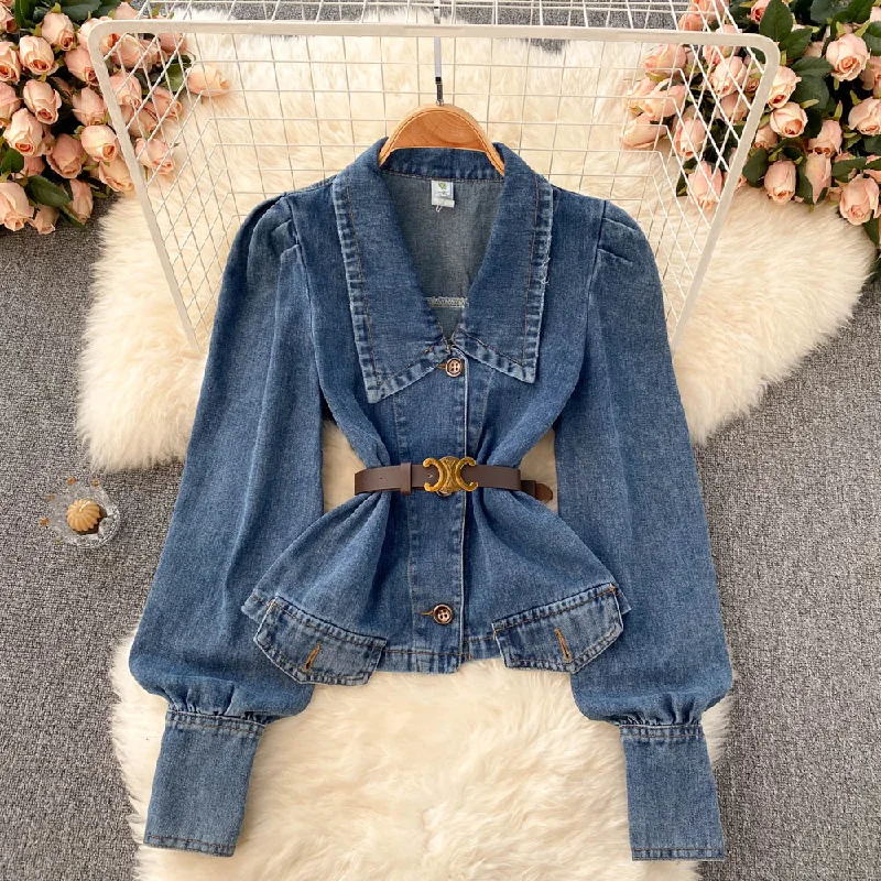 Bubble sleeve denim coat women's top  1499