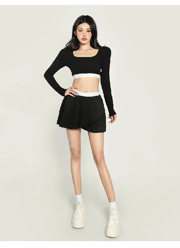 Chrissy Solid Color Square Neck Waist Band Slim Long Sleeve Cropped Top