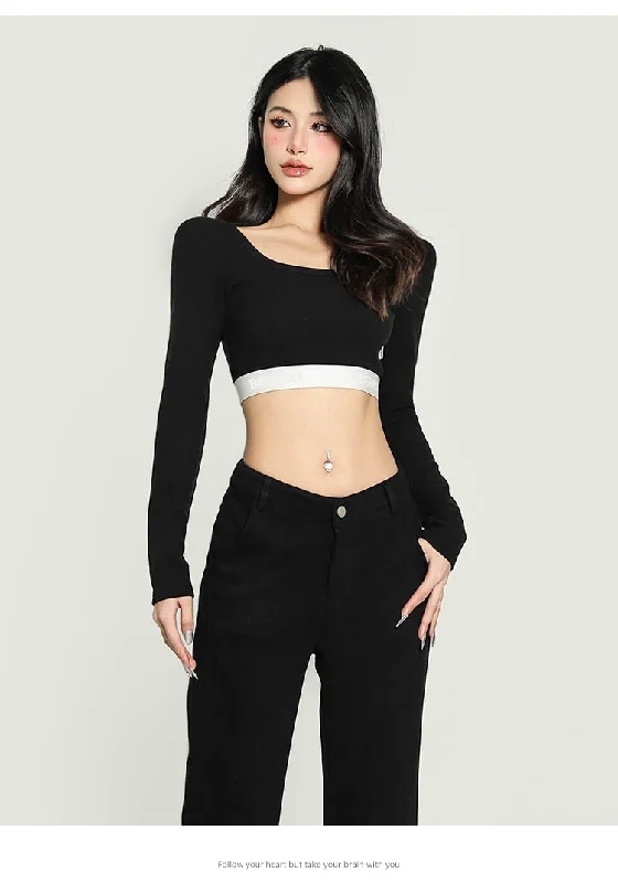 Chrissy Solid Color Square Neck Waist Band Slim Long Sleeve Cropped Top