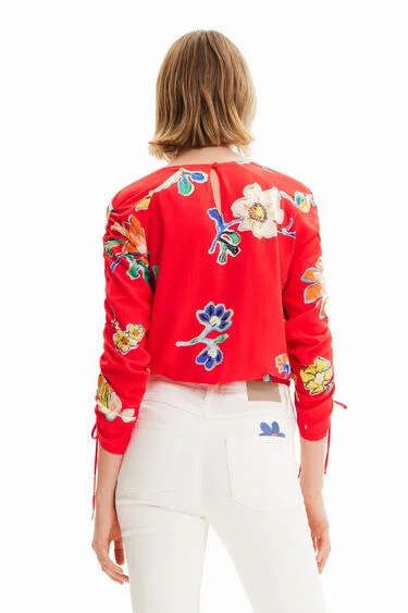 Desigual red short gathered floral blouse