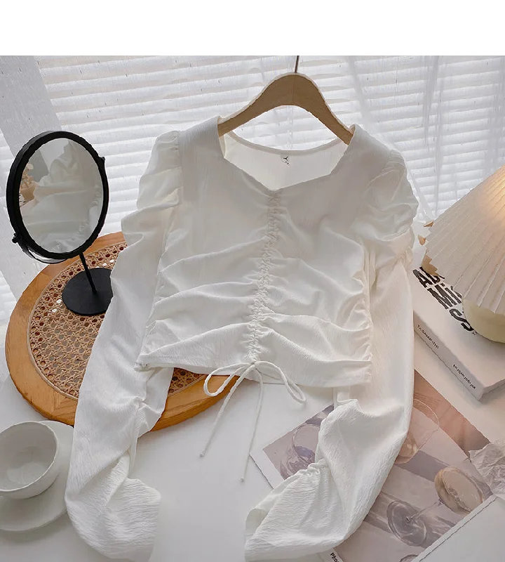 Drawstring pleated long sleeve shirt shows thin temperament top  6421