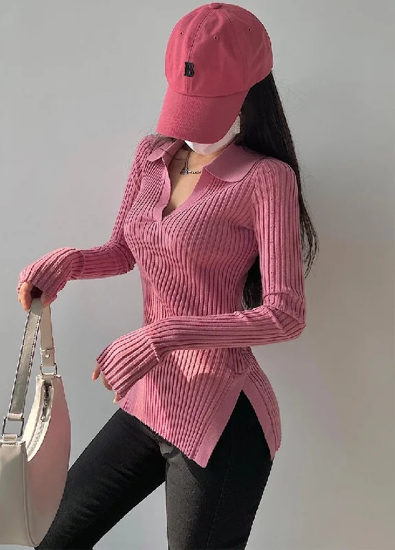 Hailie Solid Color Ribbed V-Neck Collar Long Sleeve Slim Side Slim Top