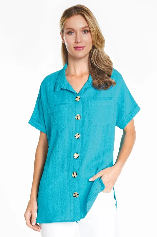 Shirt-Turquoise-Button Front-Short Sleeve-Women's -Wired Collar - J52126bm