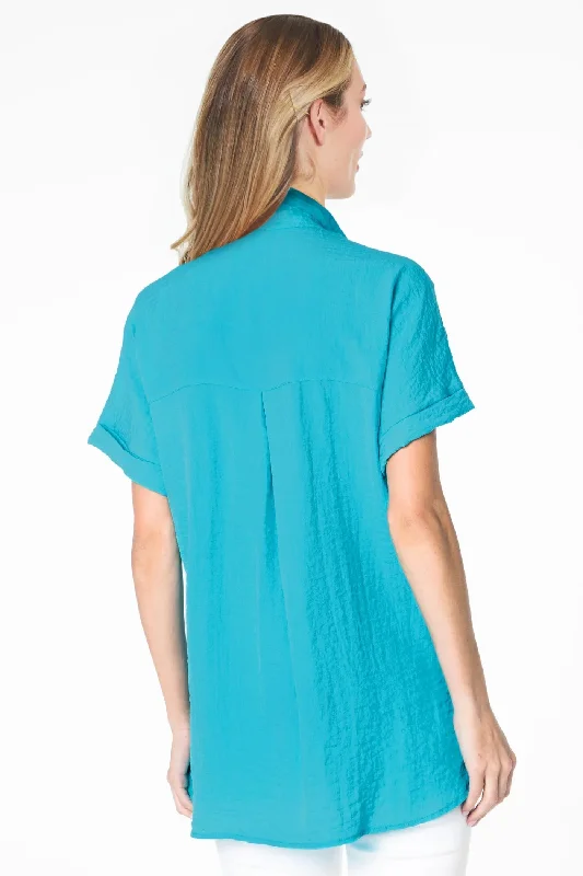 Shirt-Turquoise-Button Front-Short Sleeve-Women's -Wired Collar - J52126bm