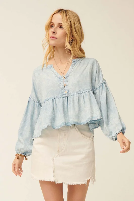 Perfect Skies Acid-Wash Denim Babydoll Top