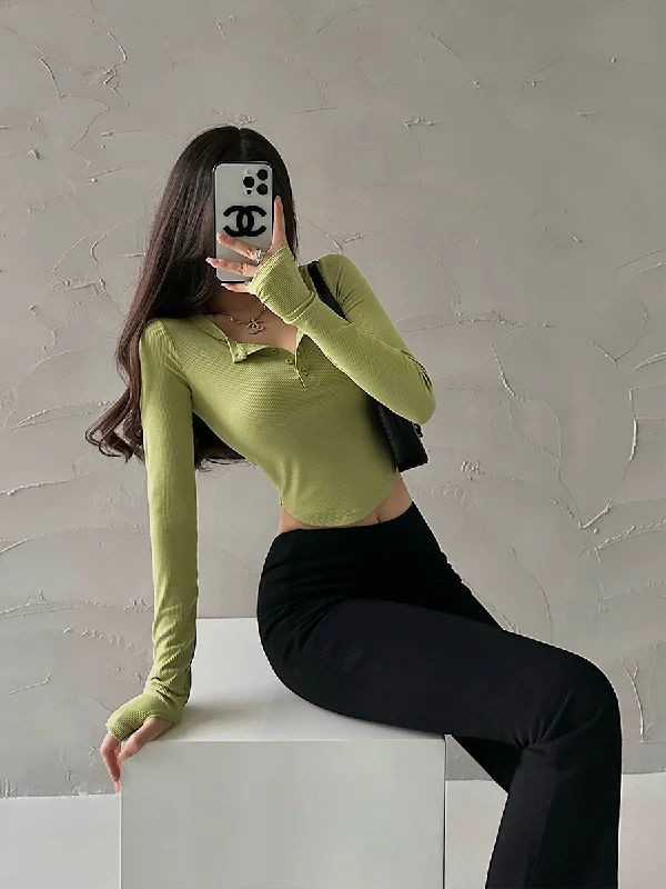 Precious Solid Color Ribbed Long Sleeve Button Up Slim Cropped Top