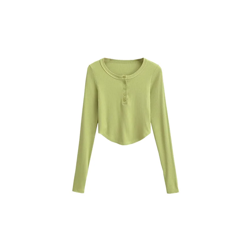 Precious Solid Color Ribbed Long Sleeve Button Up Slim Cropped Top