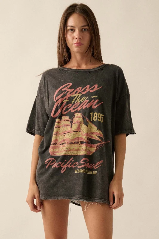 Sailing Ship Distressed Vintage-Wash Graphic Tee