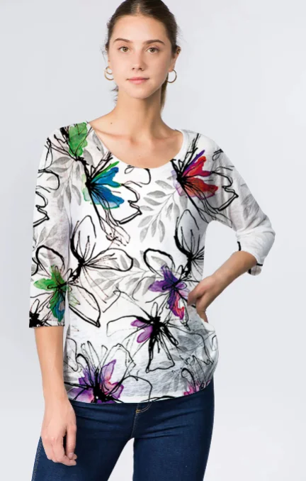 Shirt 3/4 Sleeve Multi Color White Abstract Fiona C2001781