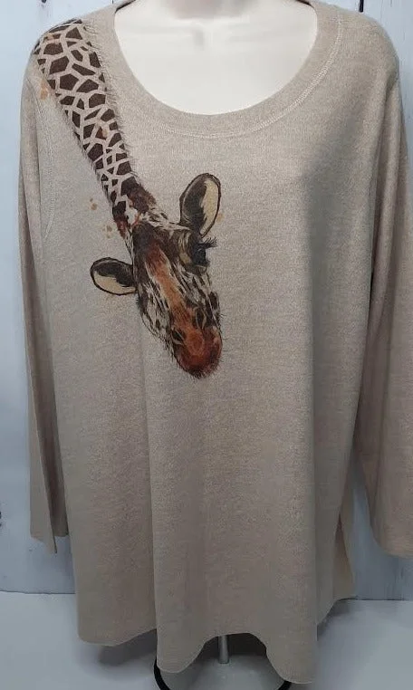 Shirt  Pullover  Biege Giraffe Long Sleeve Women's-T515bM