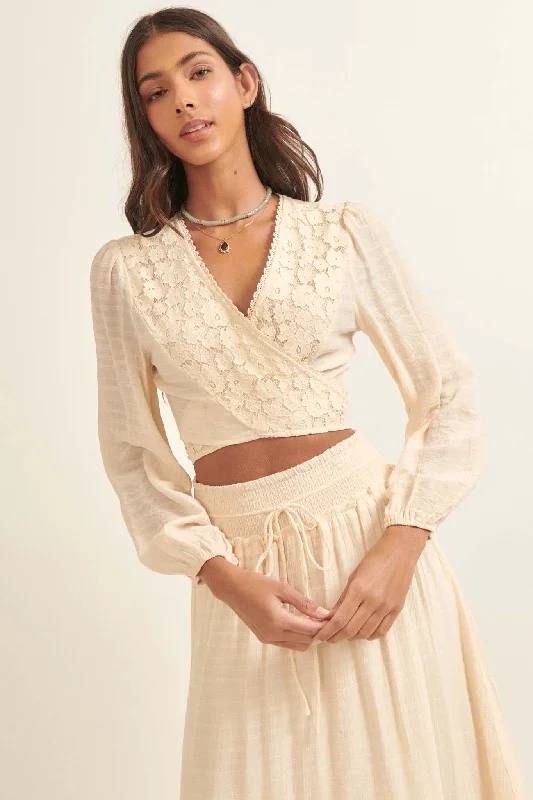 Spring to Life Lace-Trimmed Cropped Wrap Top