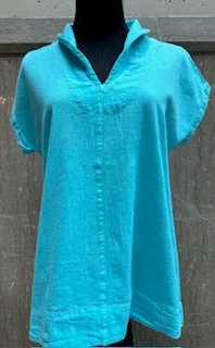 Top Pullover 1/4 Sleeve Collared V Neck Teal Women's L1680