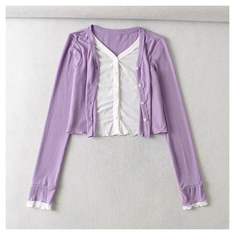 V-neck stretch slim short knit cardigan  7387