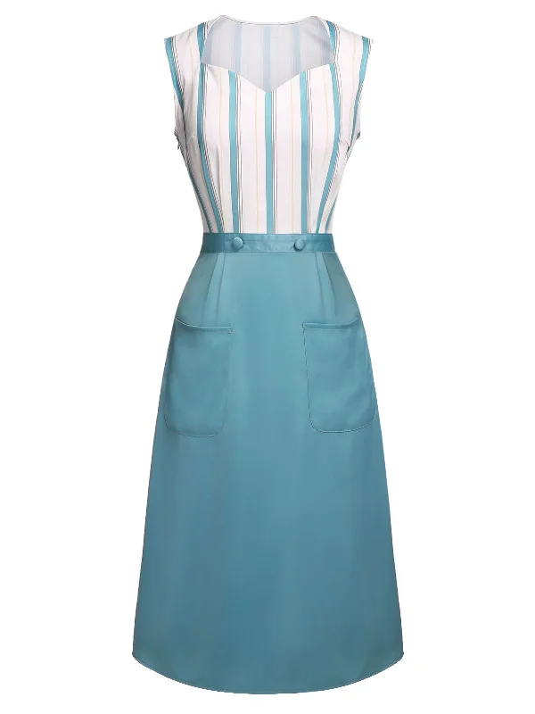 Blue 1950s Stripes Patchwork Pocketed Dress