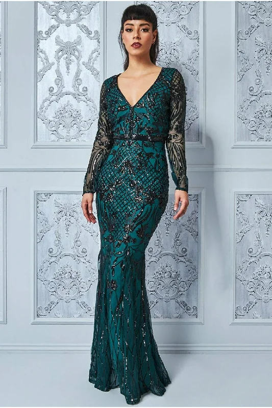 Goddiva Full Sleeve Sequin Evening Dress - Emerald Green