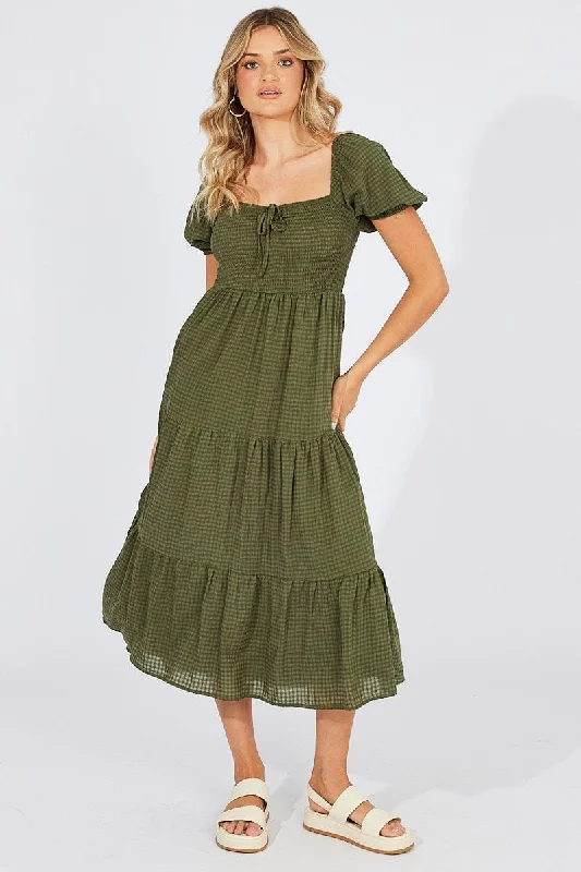 Green Midi Dress Short Sleeve Shirred