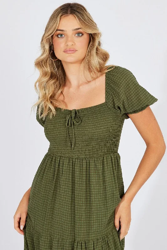 Green Midi Dress Short Sleeve Shirred