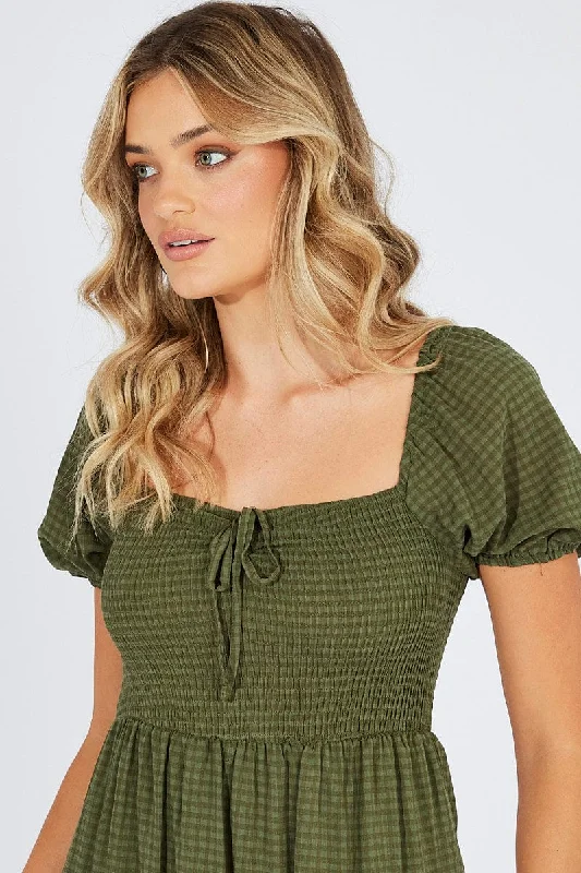 Green Midi Dress Short Sleeve Shirred