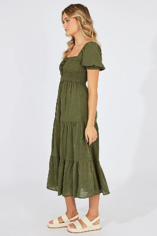 Green Midi Dress Short Sleeve Shirred