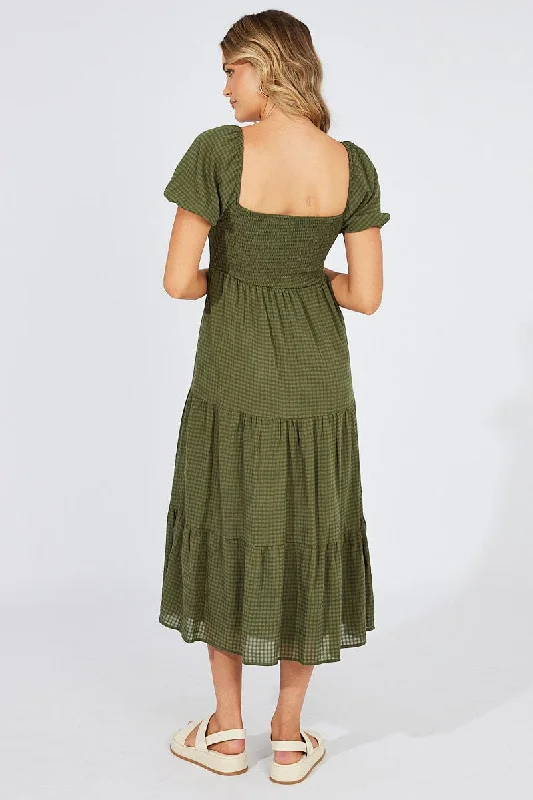 Green Midi Dress Short Sleeve Shirred