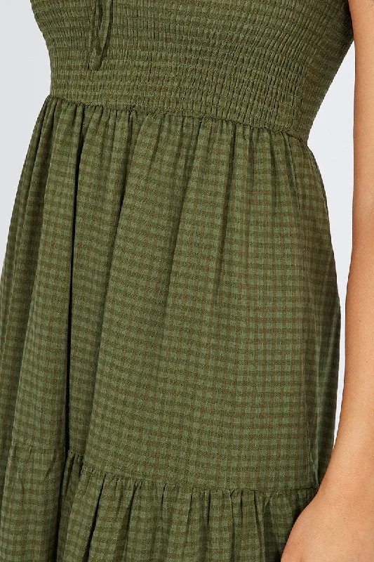 Green Midi Dress Short Sleeve Shirred