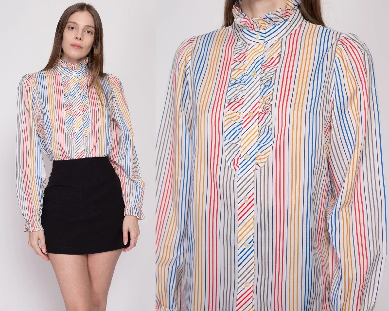 Large 70s Candy Striped Tuxedo Ruffle Blouse