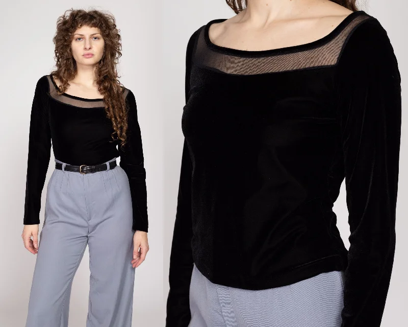 Medium 90s Black Velvet Sheer Panel Top