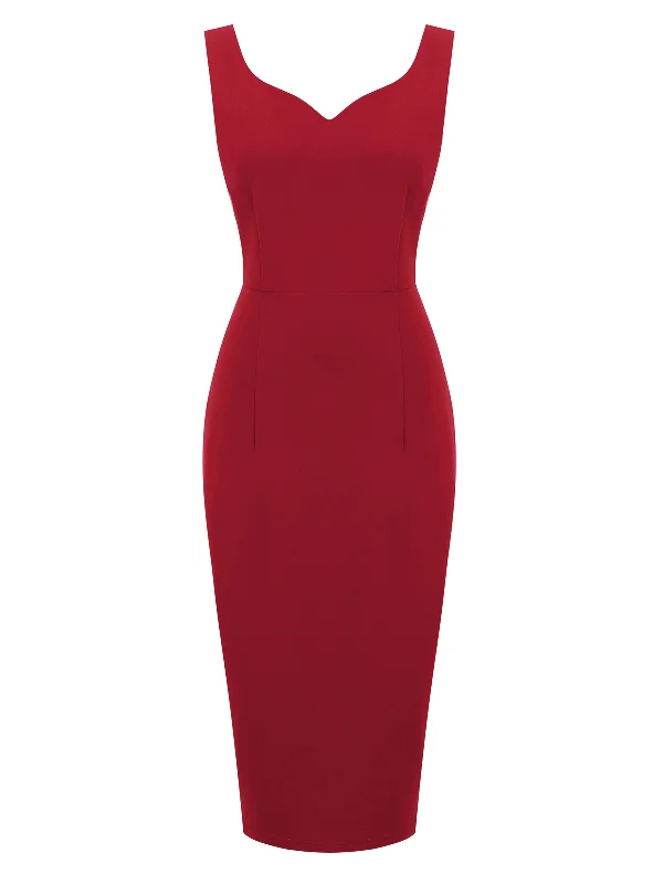 Red 1960s Heart Collar Solid Pencil Dress