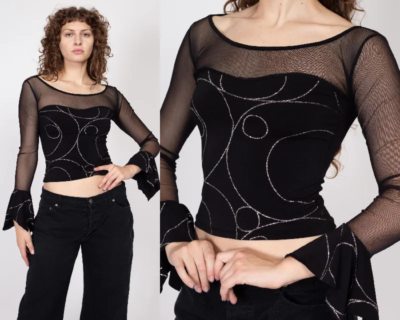 Small 90s Black Sheer Panel Metallic Top