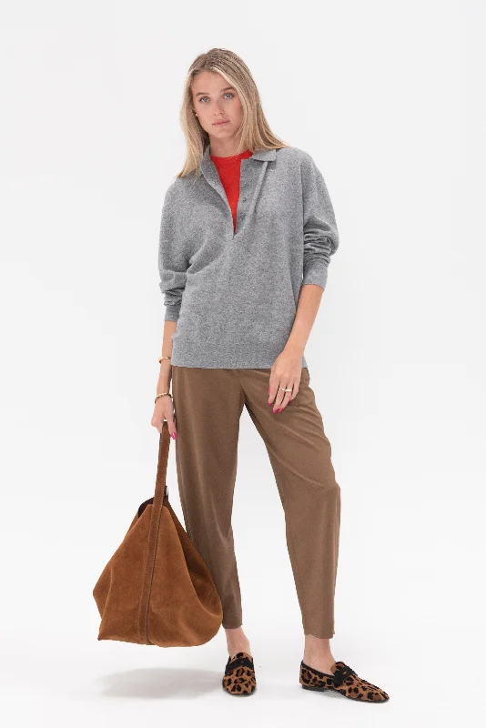 Washable Cashmere Easy Polo Sweater, Heather Grey