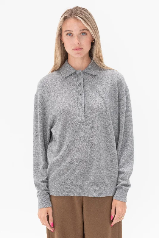 Washable Cashmere Easy Polo Sweater, Heather Grey