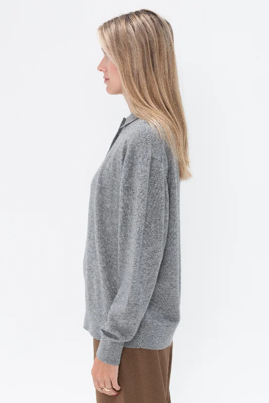 Washable Cashmere Easy Polo Sweater, Heather Grey