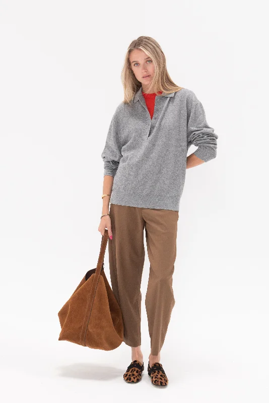 Washable Cashmere Easy Polo Sweater, Heather Grey