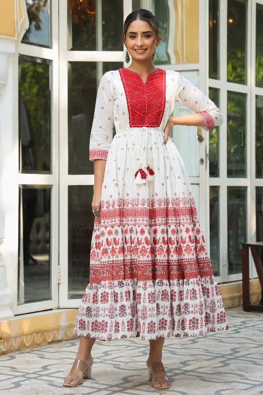 Maroon Cotton Cambric Printed with Embroidery Tiered Maxi Dress