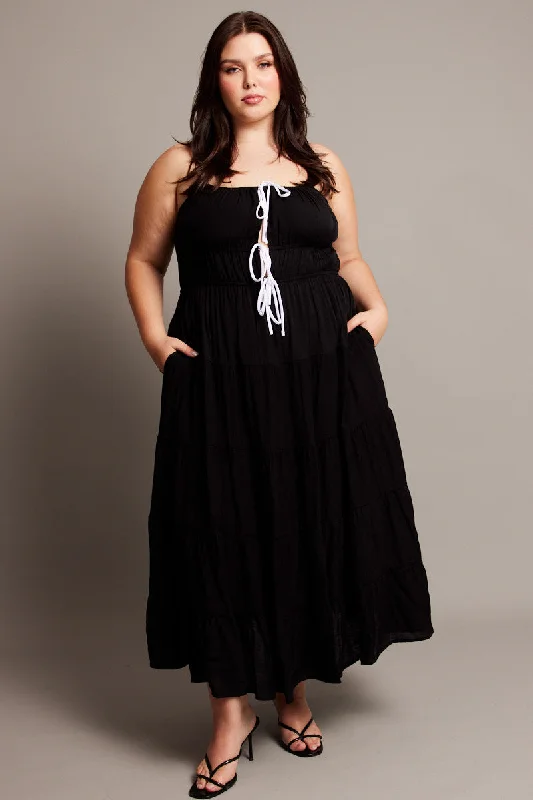 Black Midi Dress Sleeveless Contrast Ribbon