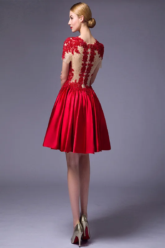 Cap Sleeves Beaded Red Lace Homecoming Cocktail Dress ED0714