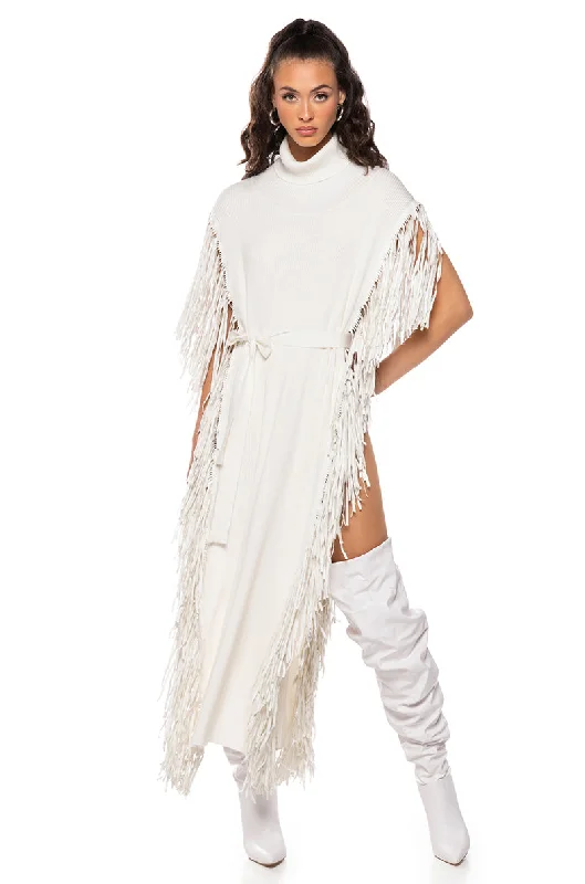 CHEYENNE FAUX LEATHER FRINGE BELTED SWEATER IN IVORY