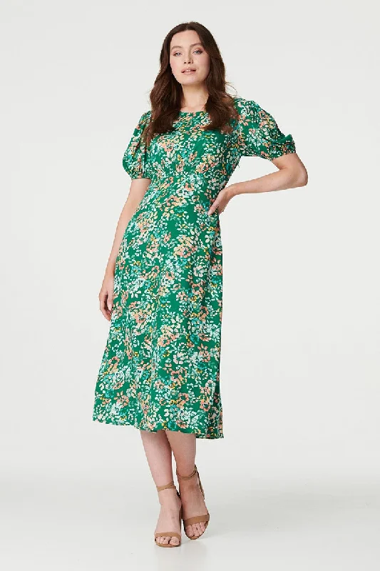 Floral Puff Sleeve Ruched Midi Dress