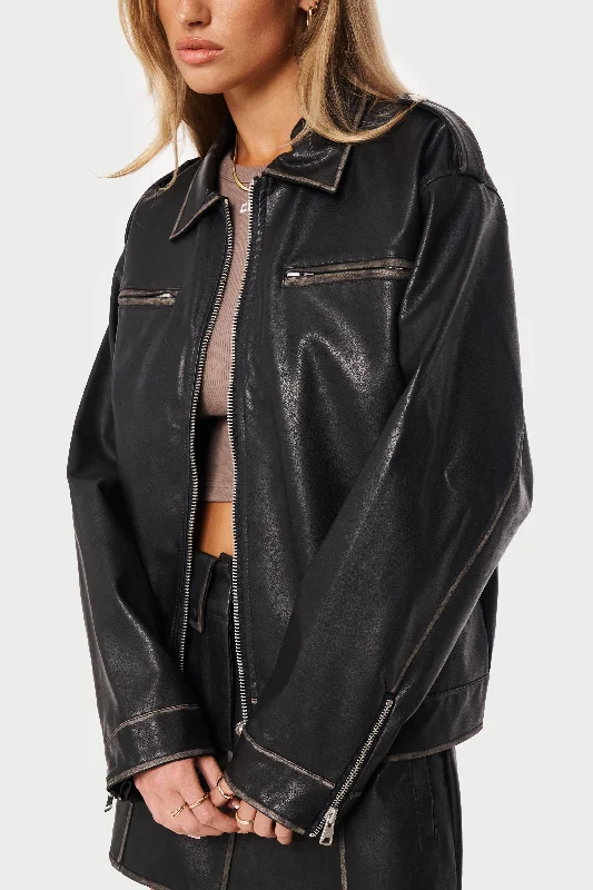 DISTRESSED VINTAGE BIKER JACKET - WASHED BLACK