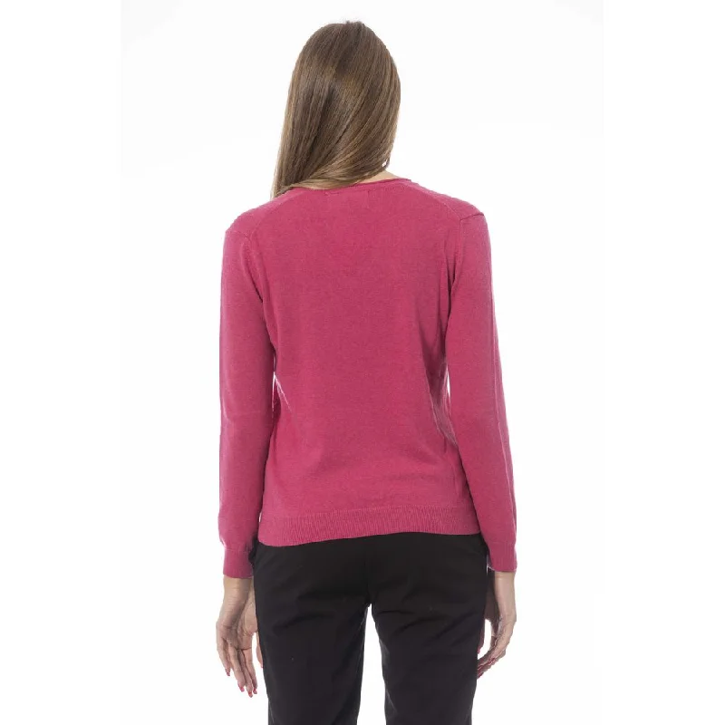 Fuchsia V-Neck Ribbed Knit Cashmere Sweater