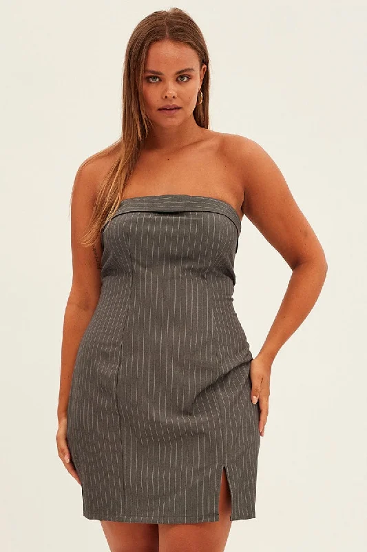 Grey Stripe Bodycon Dress Strapless