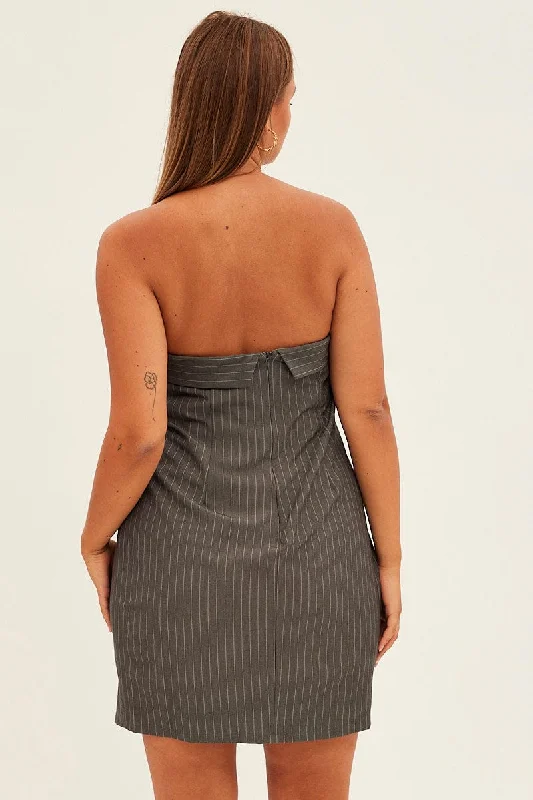 Grey Stripe Bodycon Dress Strapless