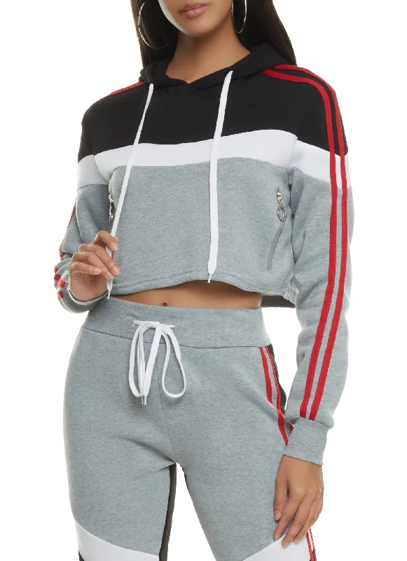 Color Block Varsity Stripe Cropped Hoodie